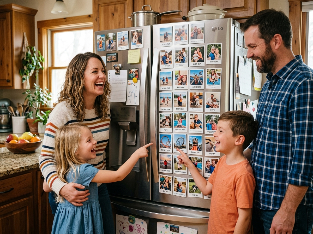 Family laughing at photo magnets on their fridge