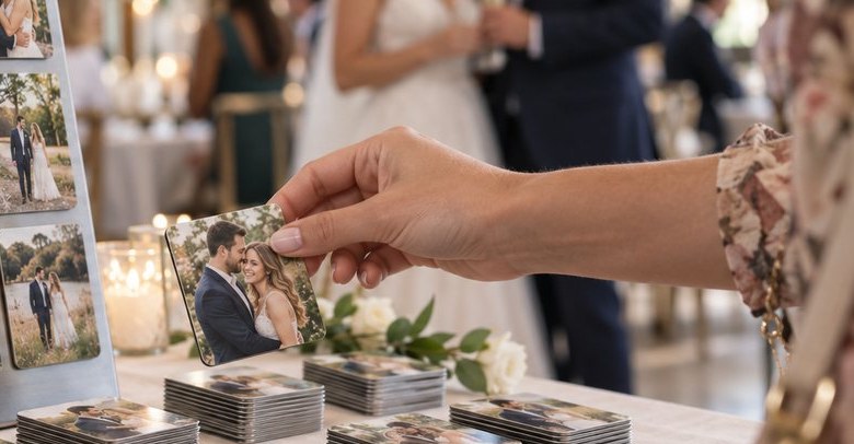 Guests browsing printed photo magnet favors at a wedding reception
