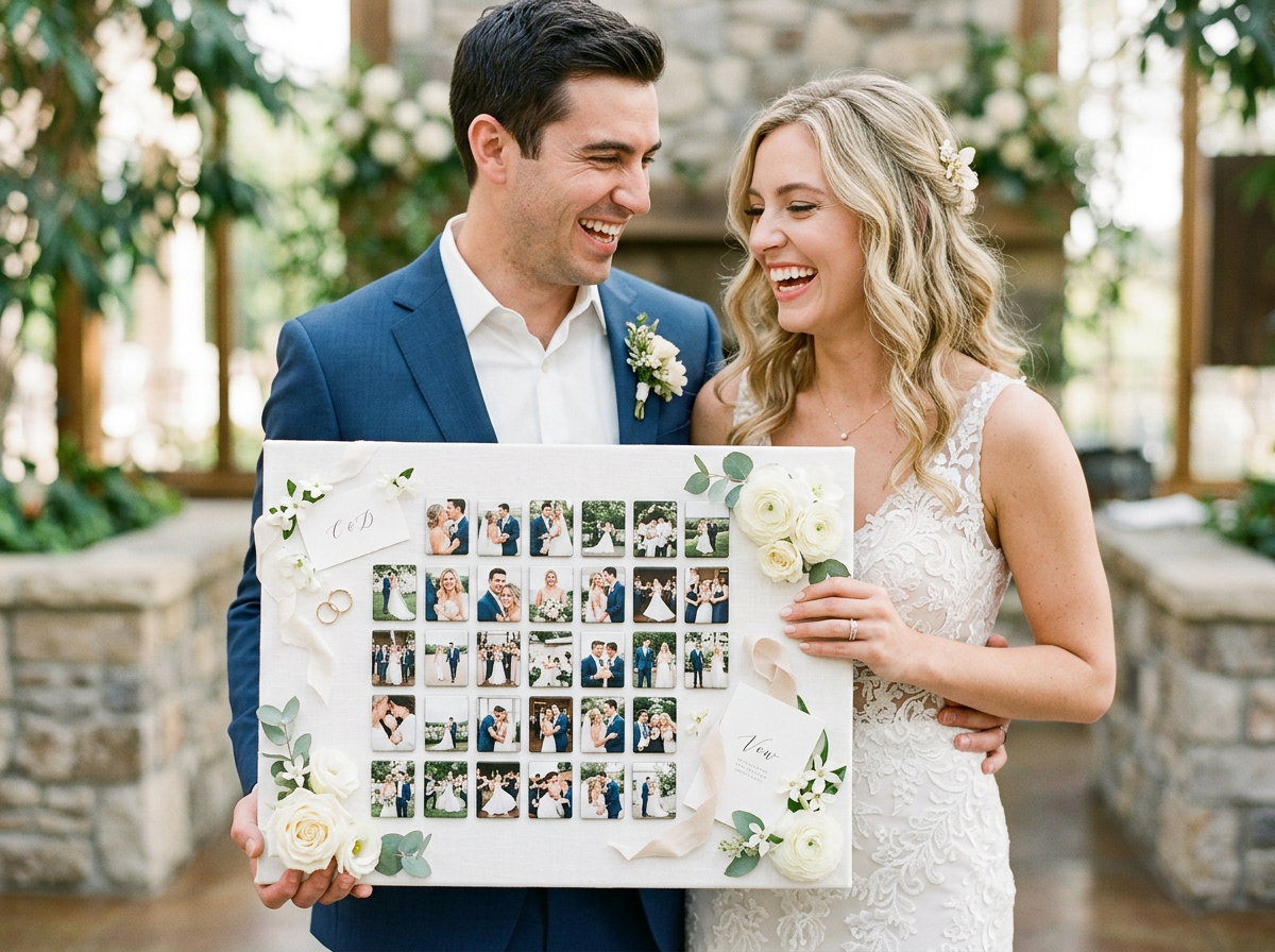 Bride and groom with their custom wedding photo magnets
