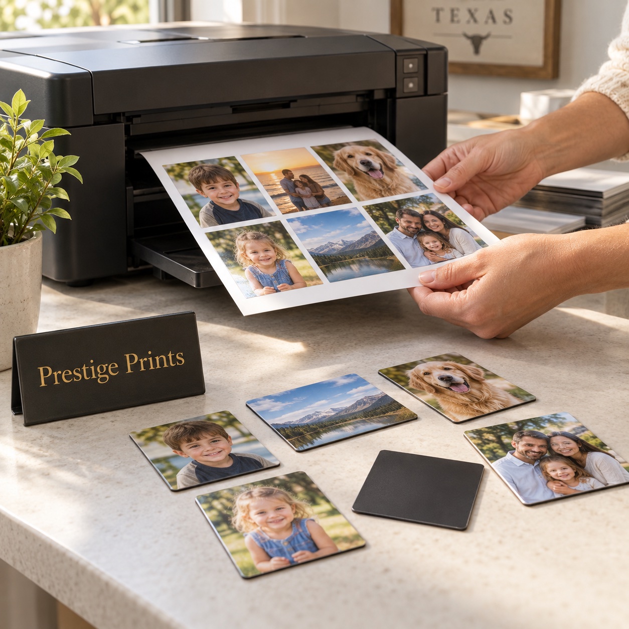 Photo prints coming off a printer
