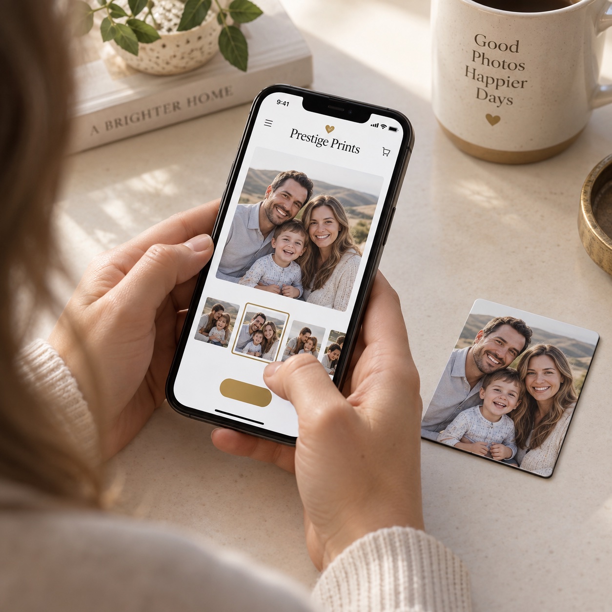 Person choosing a family photo on a smartphone
